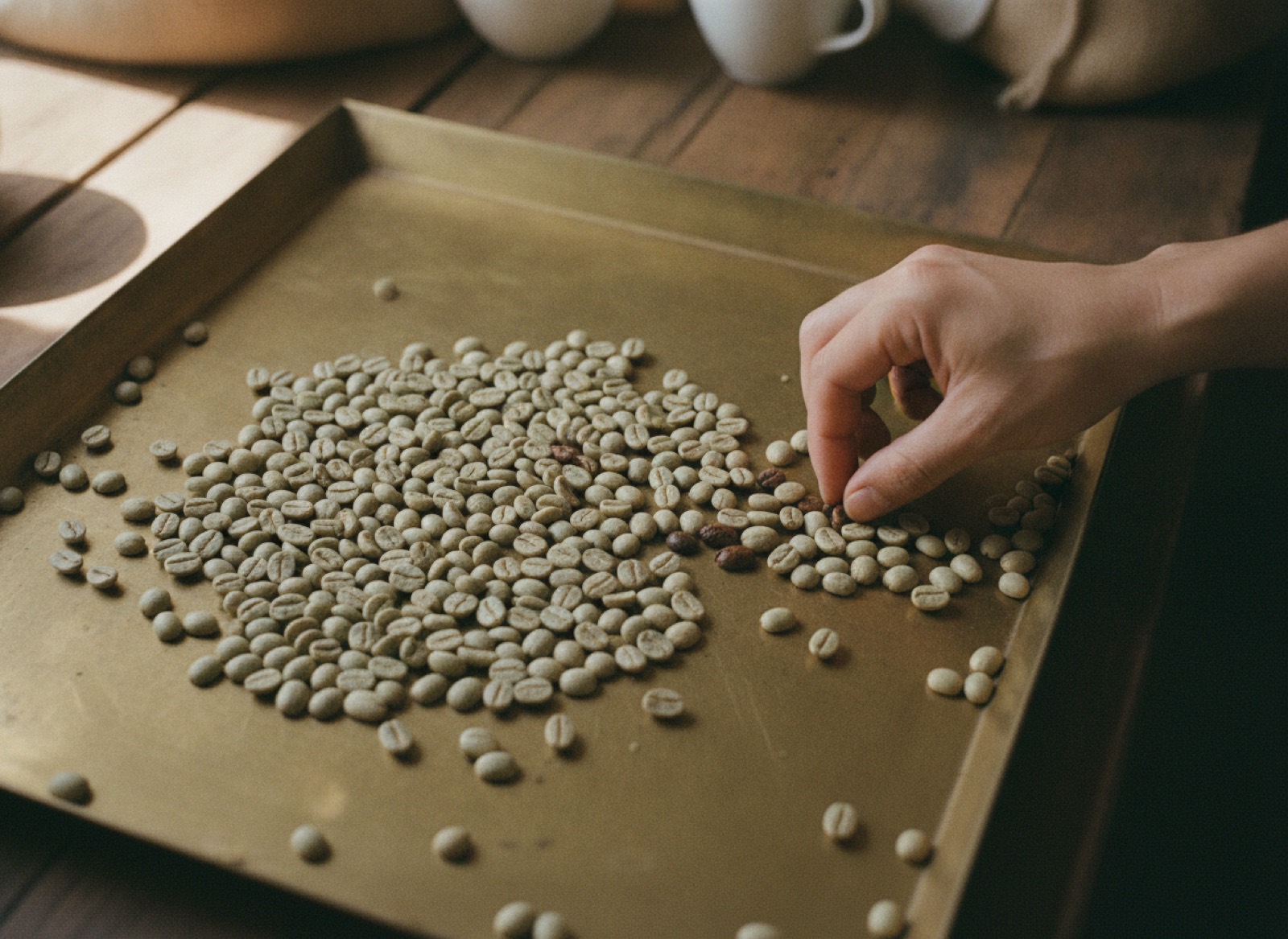 Hand sorting green coffee beans