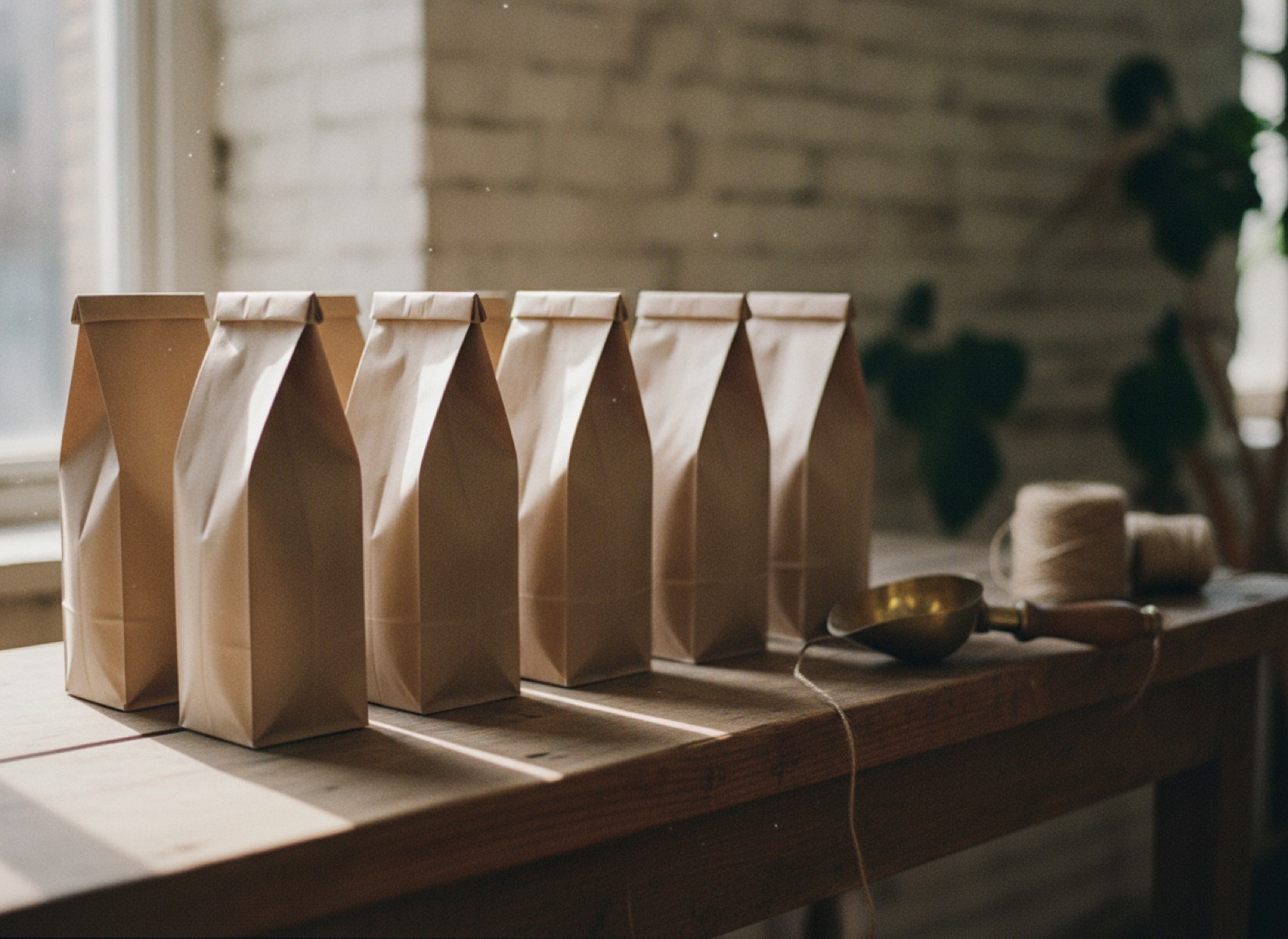 Kraft coffee bags on the packing bench