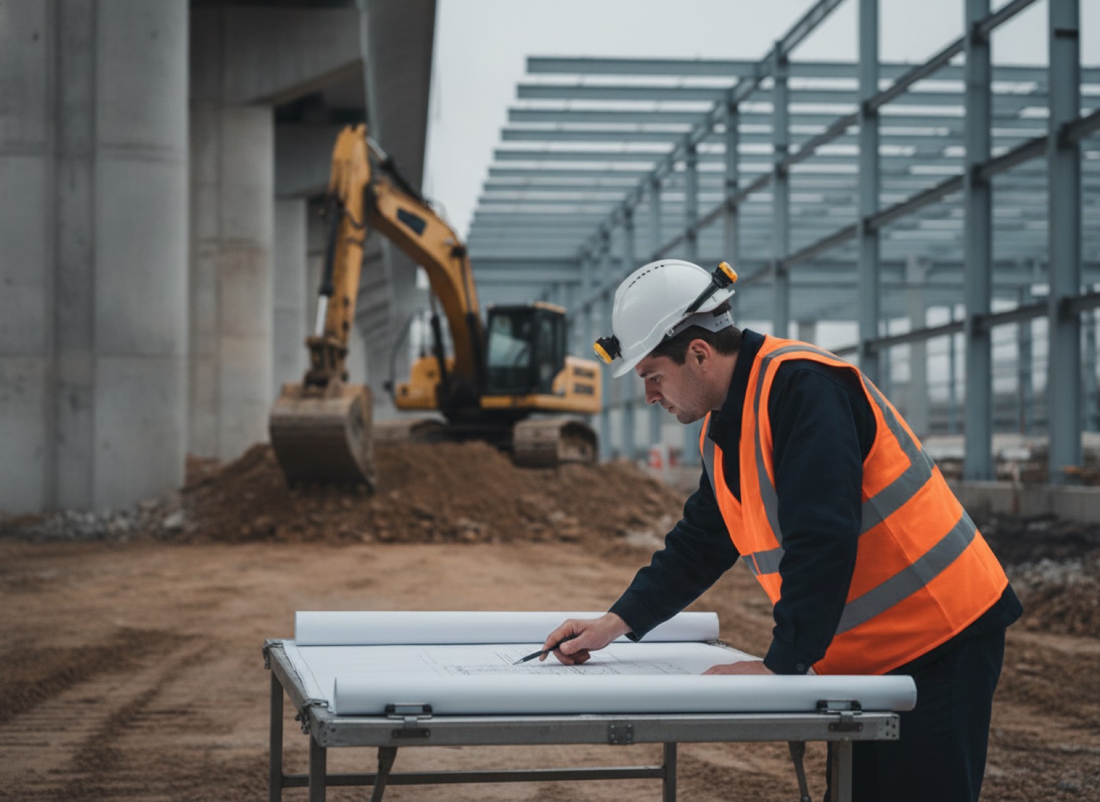 Engineer reviewing drawings on site